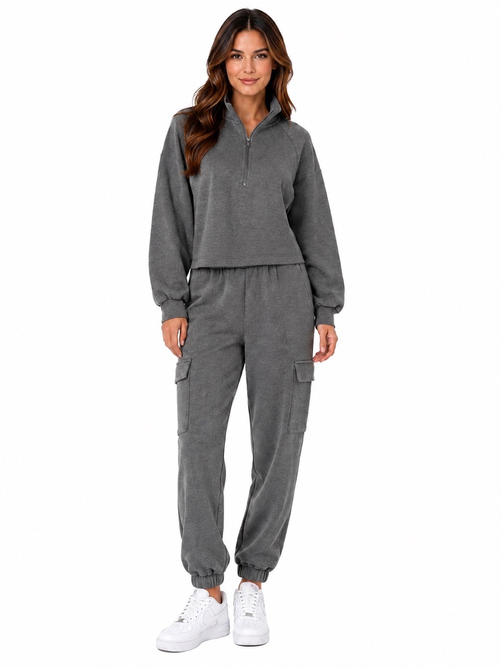 Express Matching Sweat Set Gray Half Zip Pullover Cargo Jogger Lounge Women’s L‎